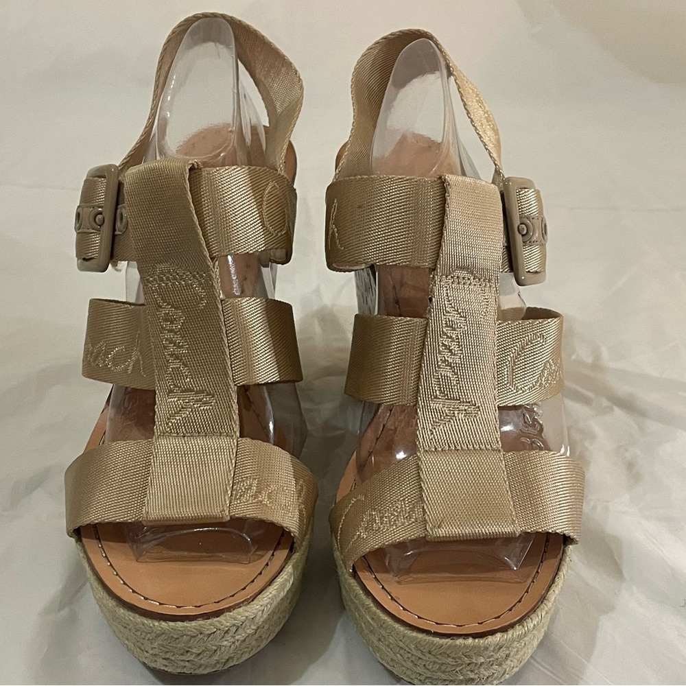 COACH Maryanne Logo Platform Beige Sandal Espadrille Cork Wedge Heels